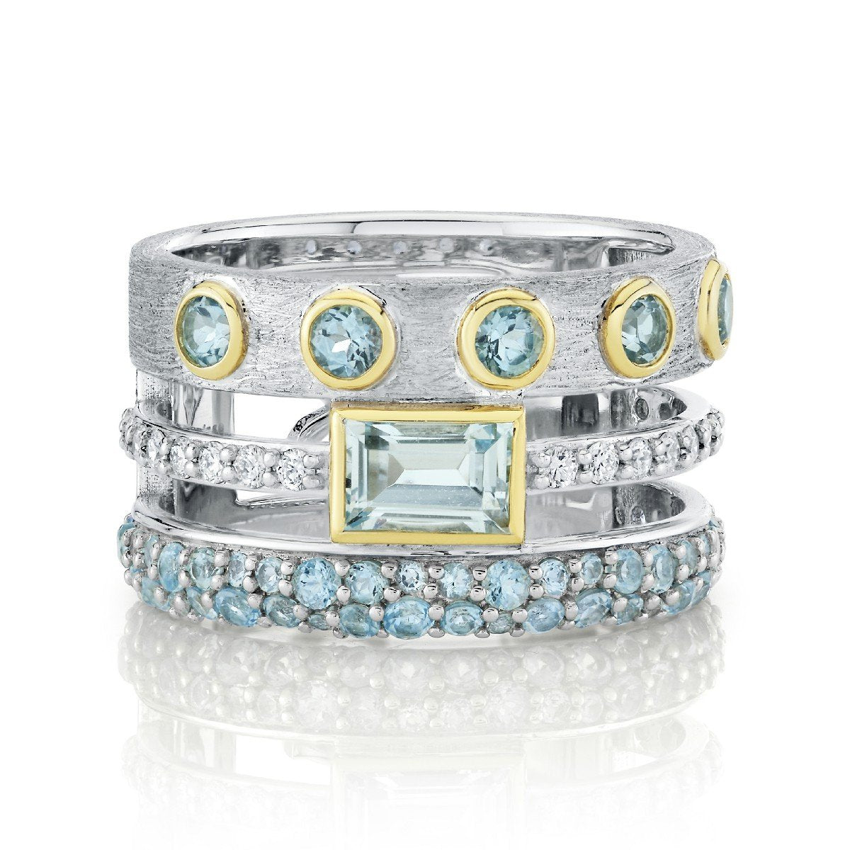 Mixed Metal Swiss Blue Topaz & Diamond Triple Row Band