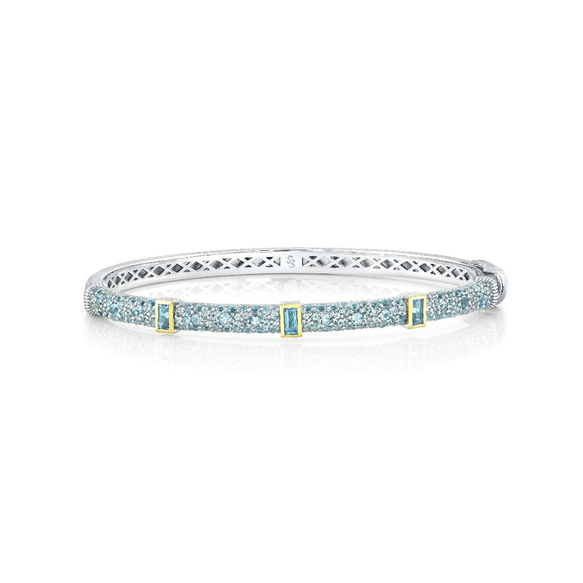 Mixed Metal Pave Swiss Blue Topaz Bangle With Swiss Blue Topaz Baguettes