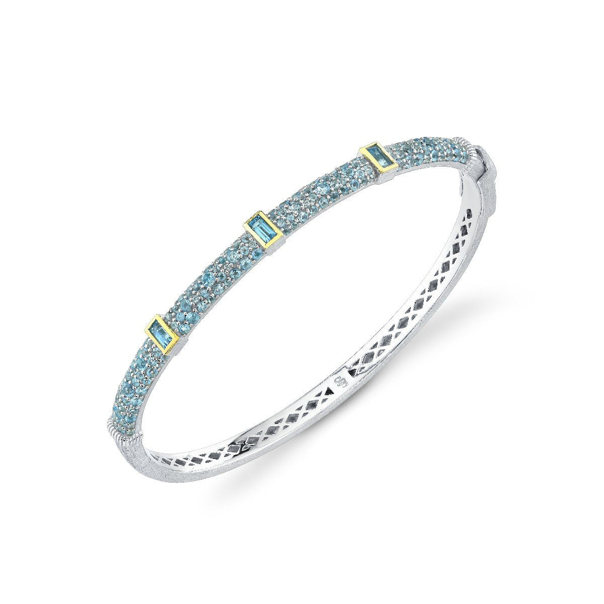 Mixed Metal Pave Swiss Blue Topaz Bangle With Swiss Blue Topaz Baguettes