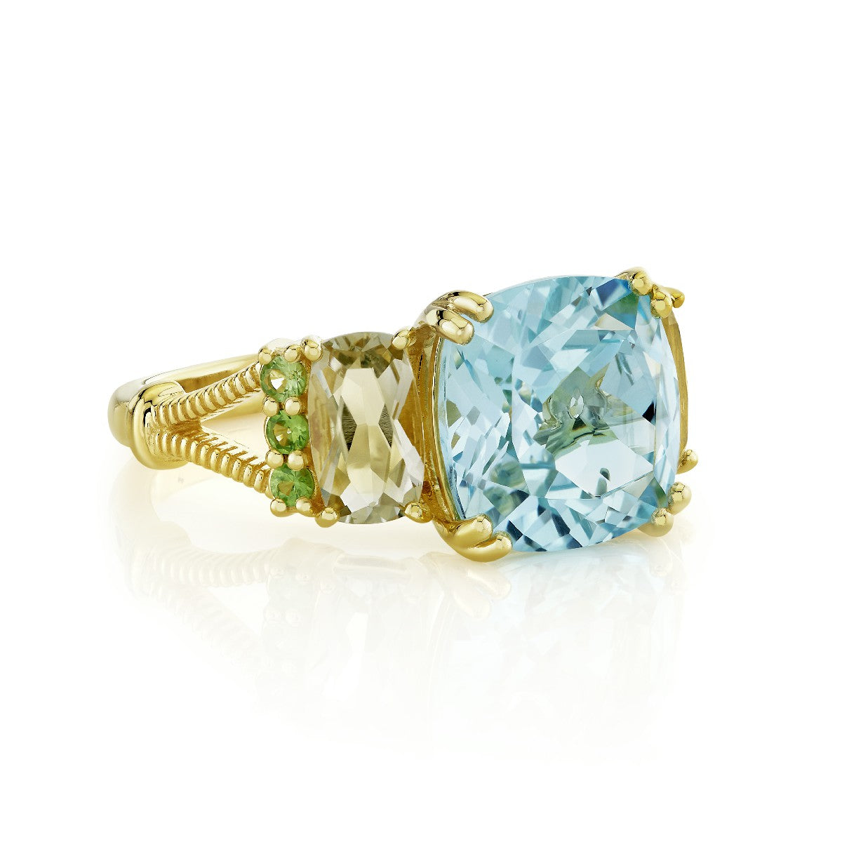 Blue Topaz And Green Amethyst Cushion Three Stone Ring