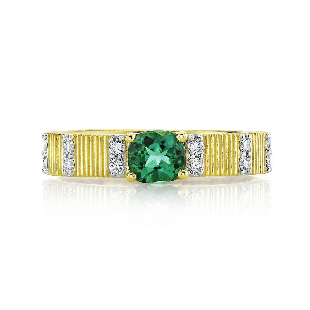 Strie Gold And Diamond Band With Prong Set Blue Green Tourmaline