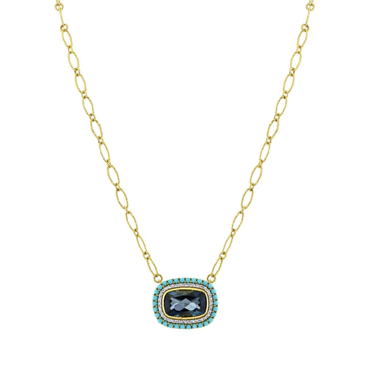 London Blue Topaz Cushion Pendant With Diamond And Turquoise Halo's