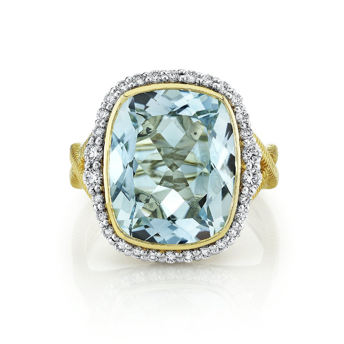 Sky Blue Topaz Ring With Diamond Halo and Criss-Cross Strie Shank