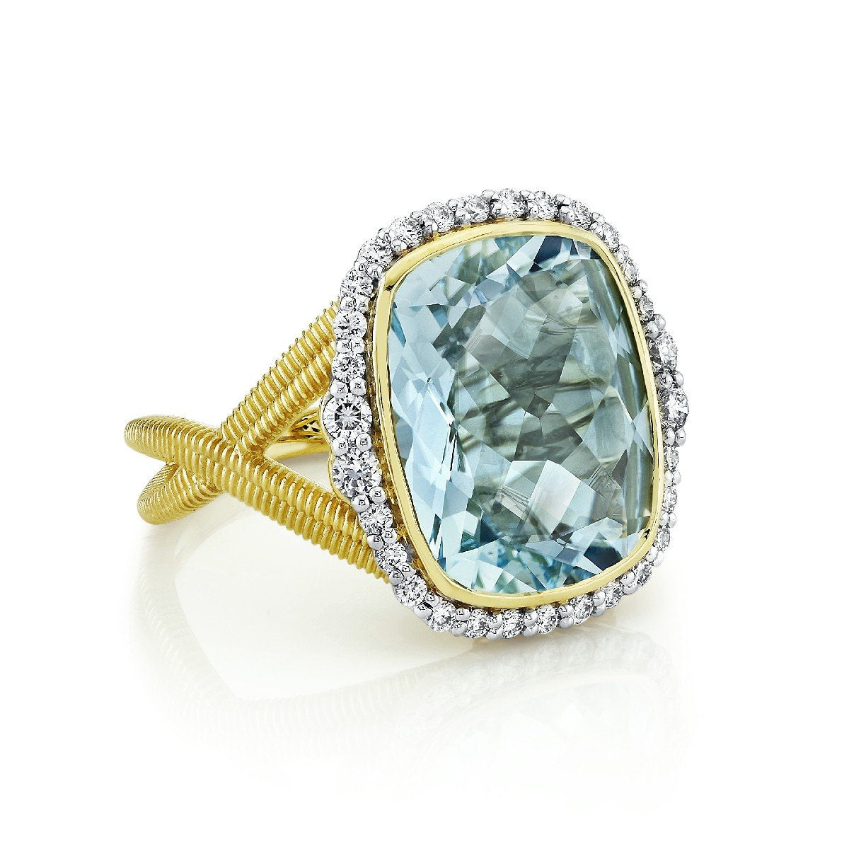 Sky Blue Topaz Ring With Diamond Halo and Criss-Cross Strie Shank