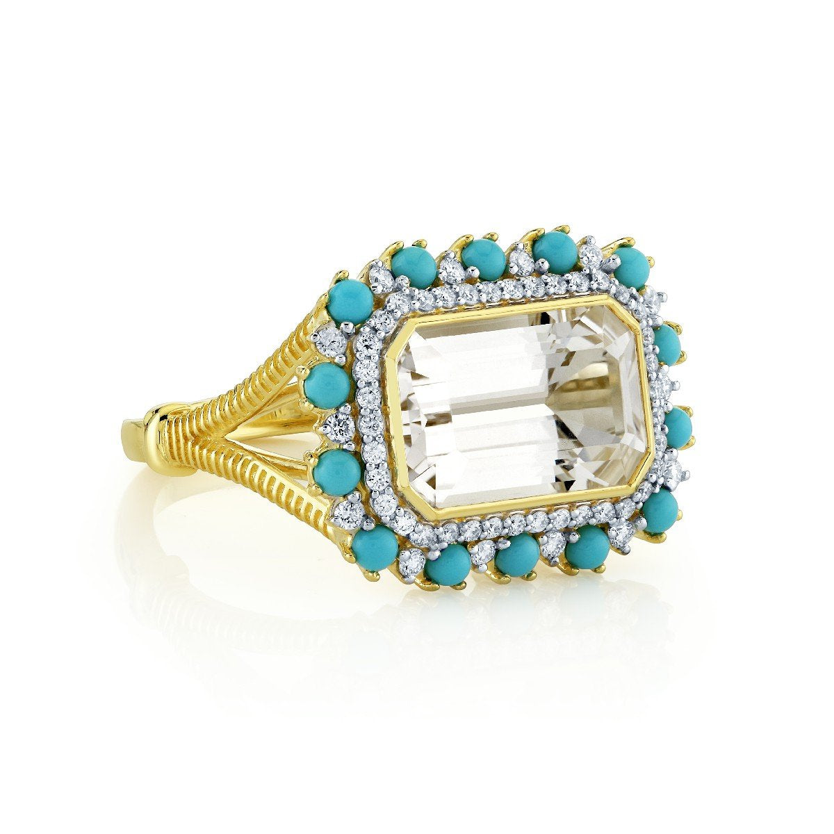 White Topaz Ring With Turquoise And Diamond Halo