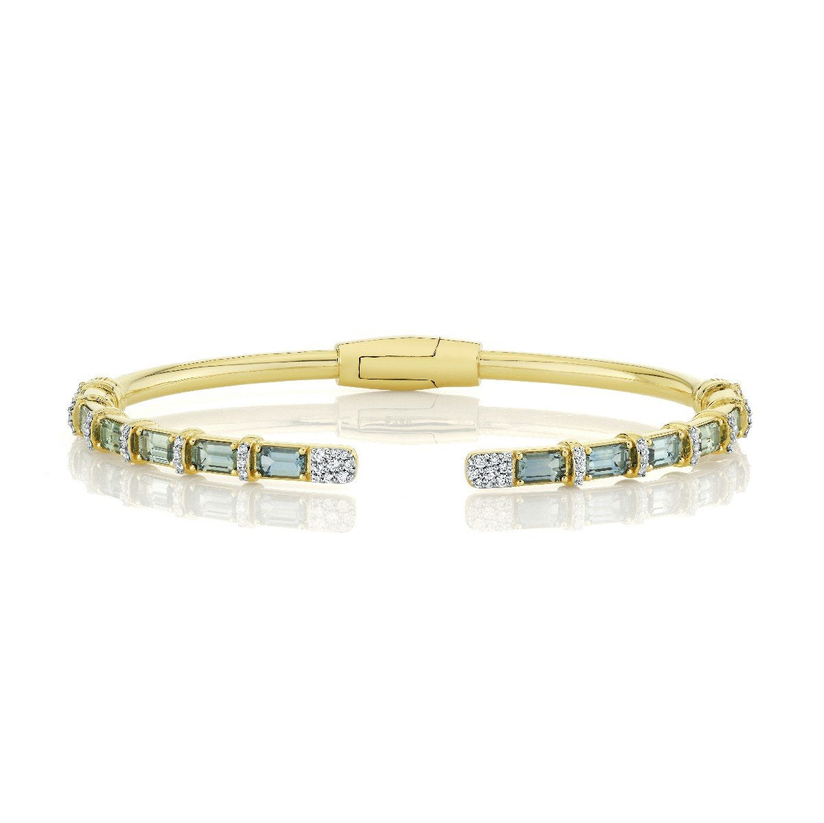 Emerald Cut Blue Green Sapphire Open Stretch Bracelet With Diamonds