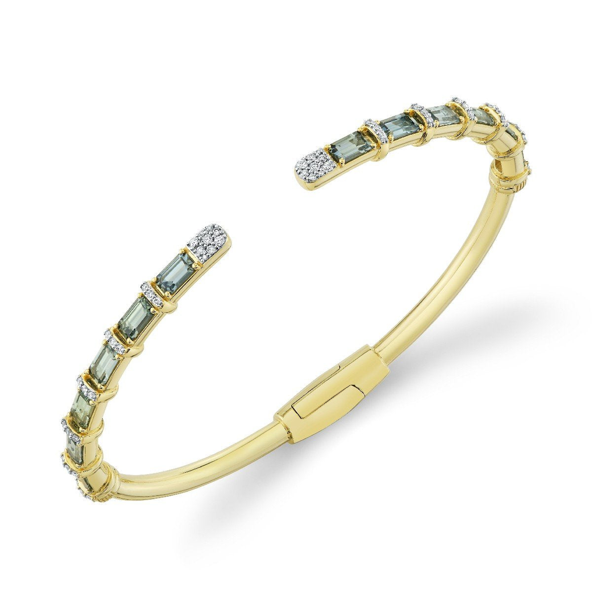 Emerald Cut Blue Green Sapphire Open Stretch Bracelet With Diamonds