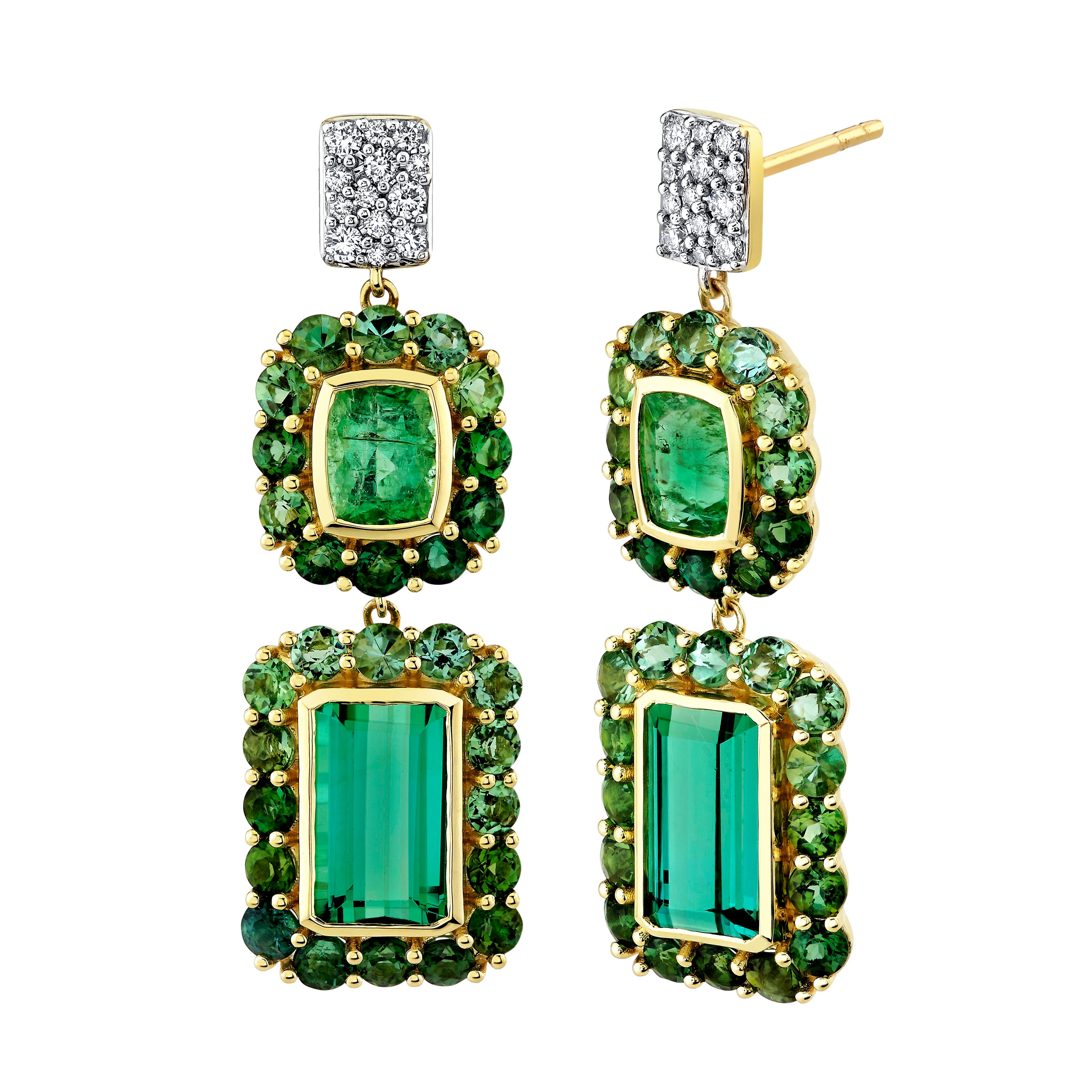 Green Tourmaline Drop Earrings With Tsavorite Halos And Diamond Post