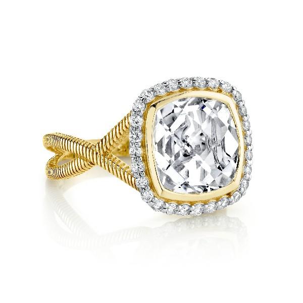 White Topaz Cushion Ring With Diamond Halo