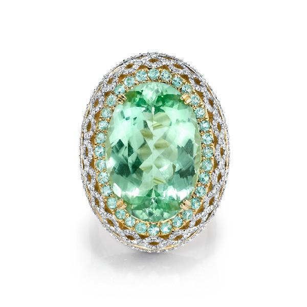 Mint Green Tourmaline Ring With Diamond Lattice