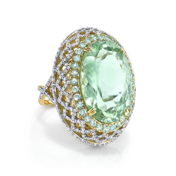 Mint Green Tourmaline Ring With Diamond Lattice