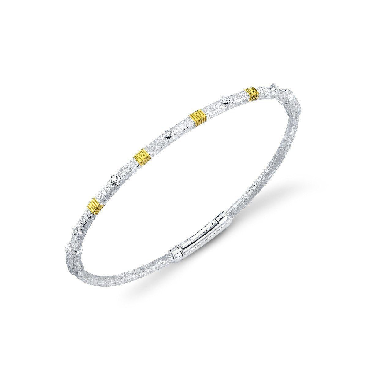 Sterling Silver Bracelet With Silk Finish & 18k Yellow Gold Strie Stations & Diamond Detail