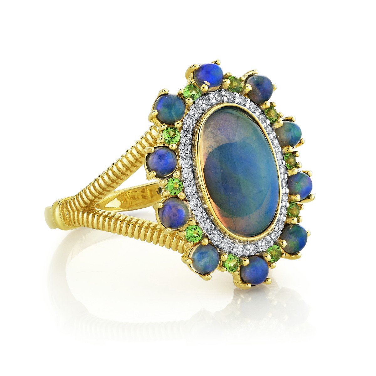 Ethiopian Opal Ring With Diamonds And Tsavorite