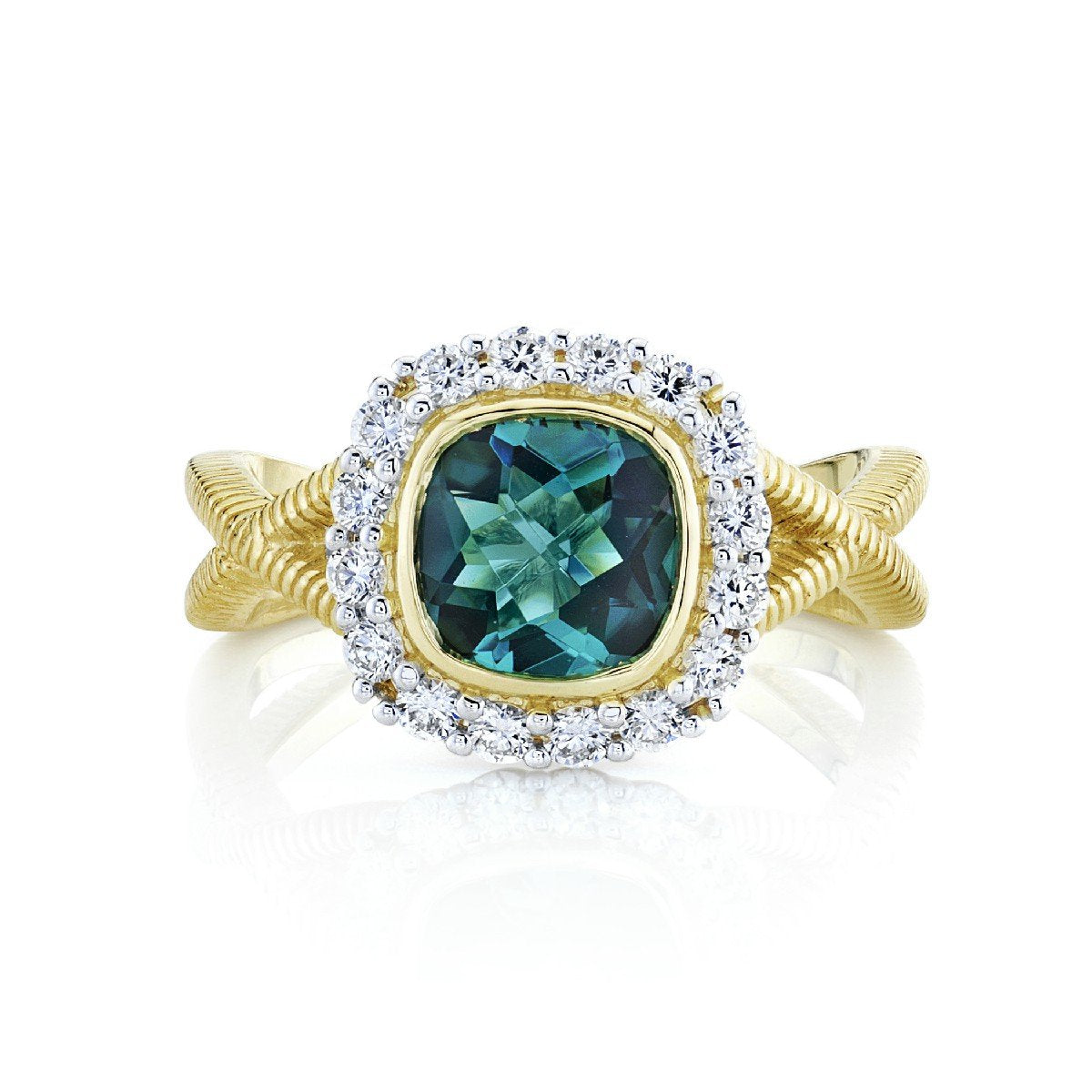 Blue Green Tourmaline Ring With Diamond Halo