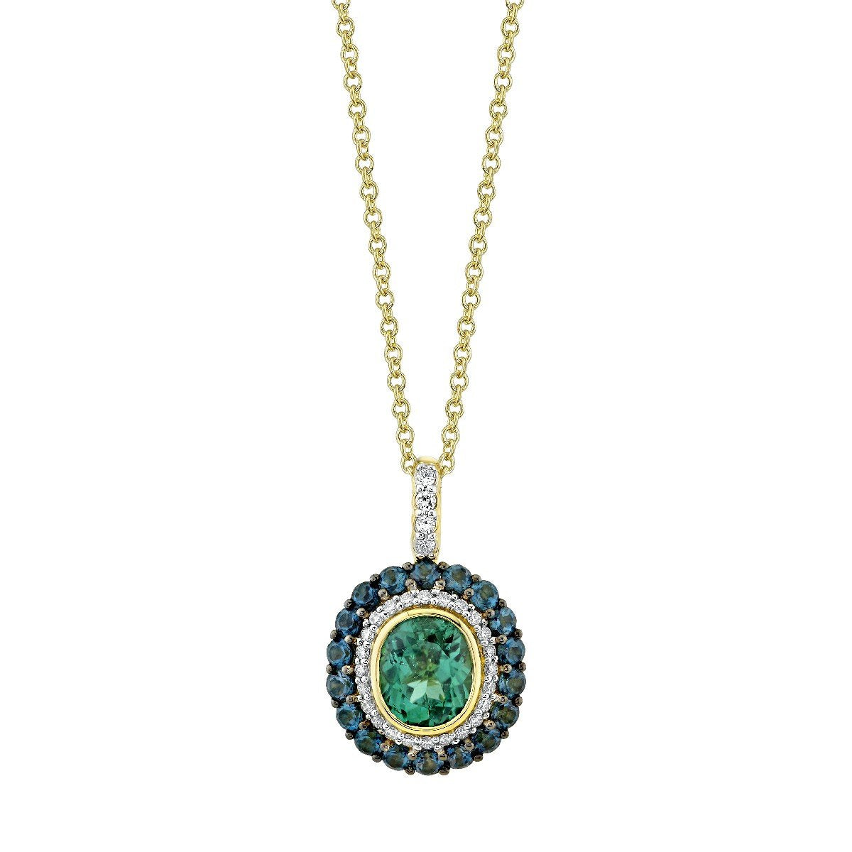 Blue Green Tourmaline Pendant With Diamond And Blue Diamond Halo