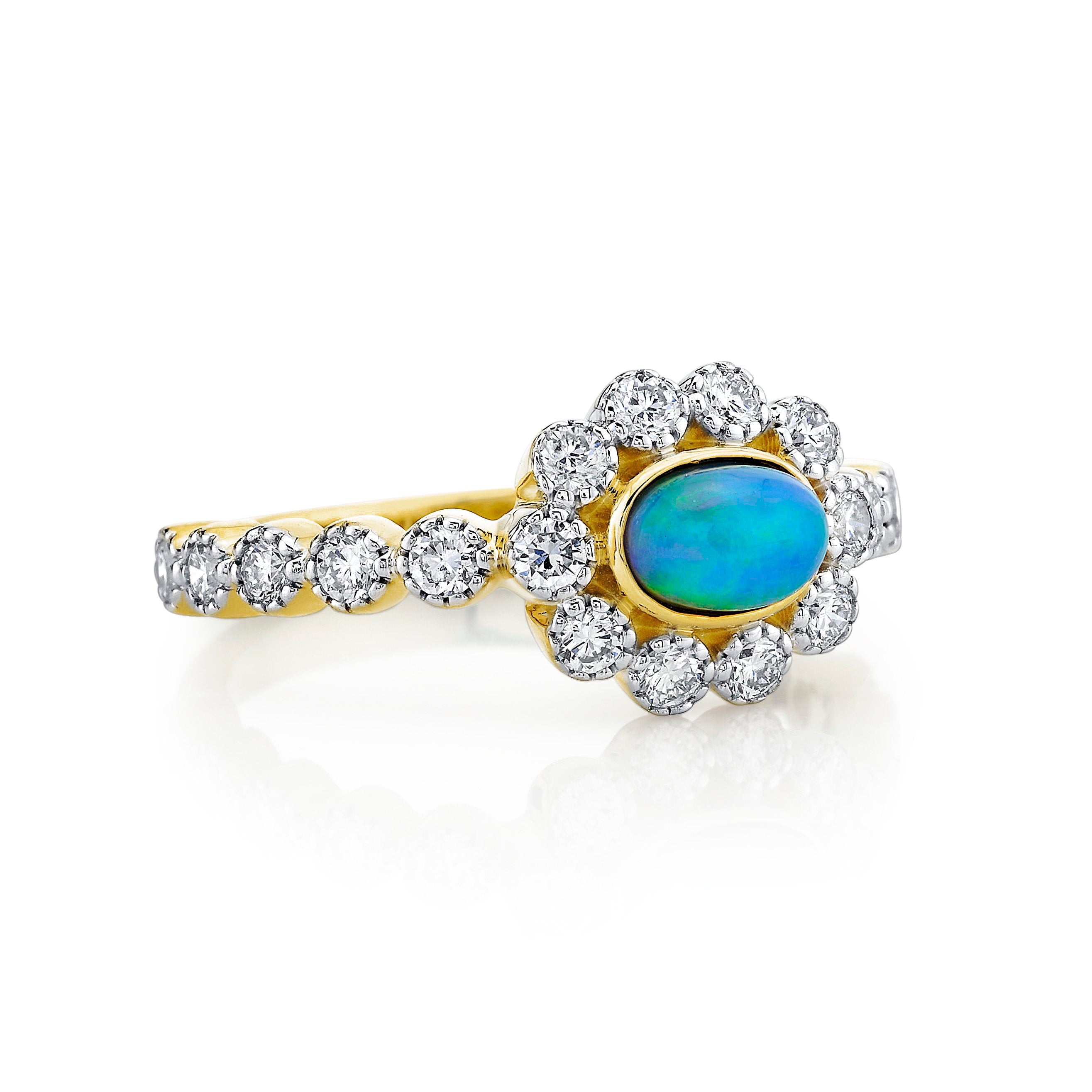 Oval Ethiopian Opal Ring With White Diamond Halo and Shank