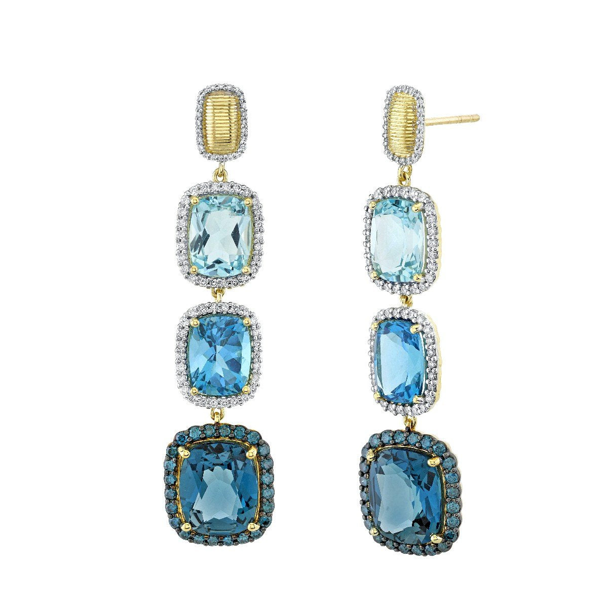 Ombre Blue Topaz Triple Cushion Drop Earrings With Diamond & Blue Diamond Detail