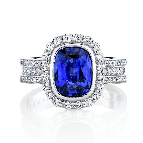 Blue Sapphire Ring With Triple Row Diamond Band