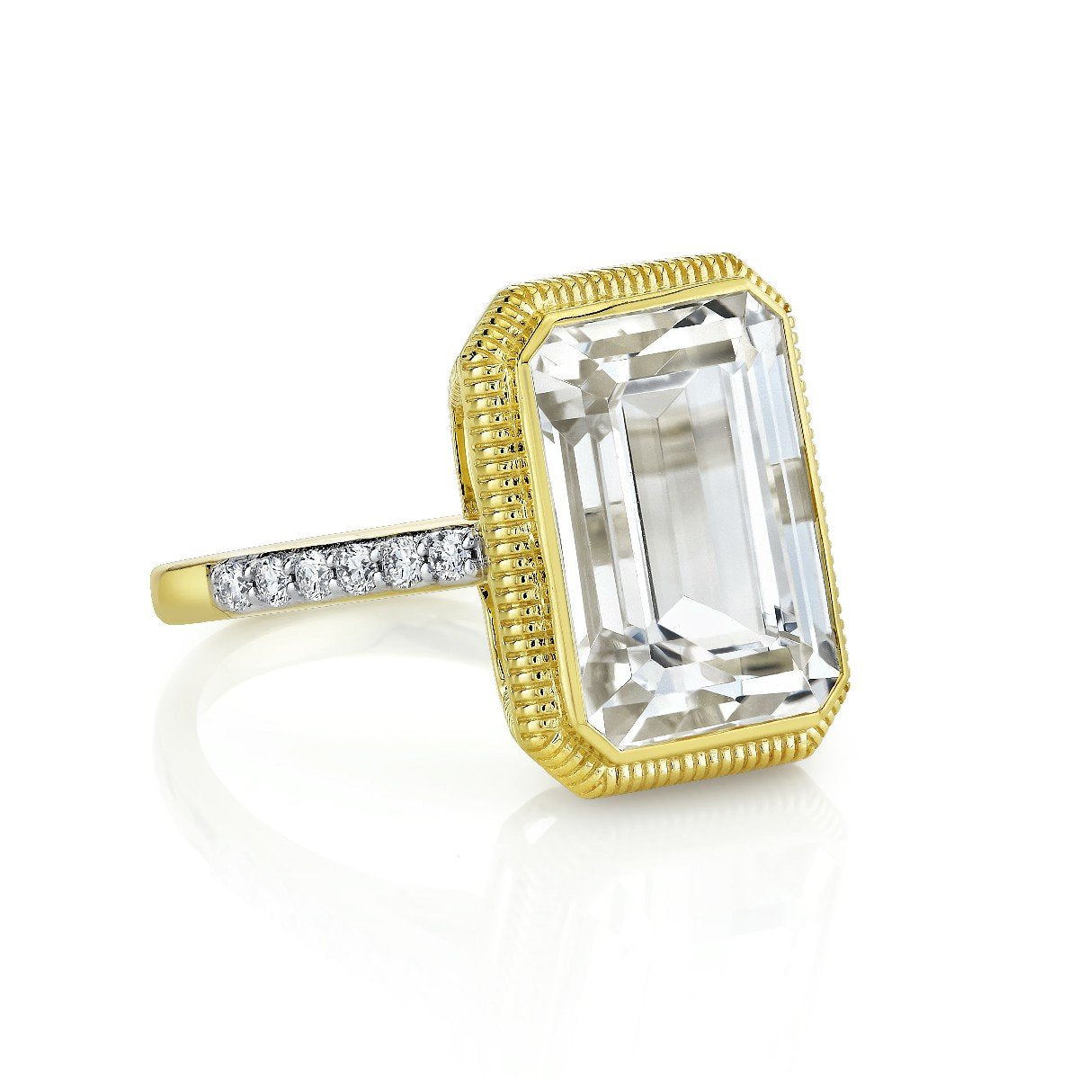 White Topaz Emerald Cut Ring With Diamonds