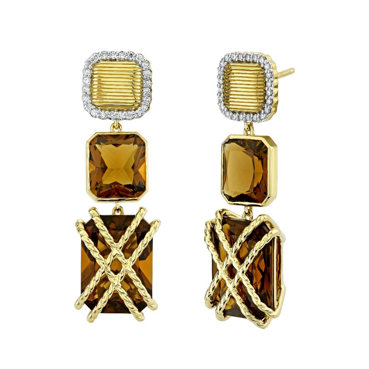 Gold Wrapped Cinnoman Quartz Double Drop Earrings With Diamonds