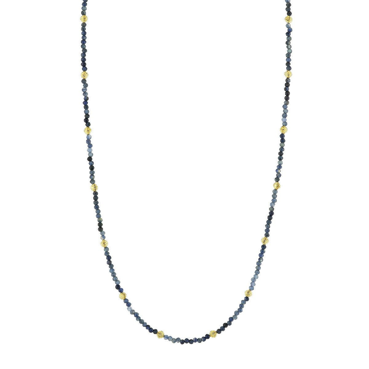 Blue Sapphire Bead Necklace With Gold Strie Stations