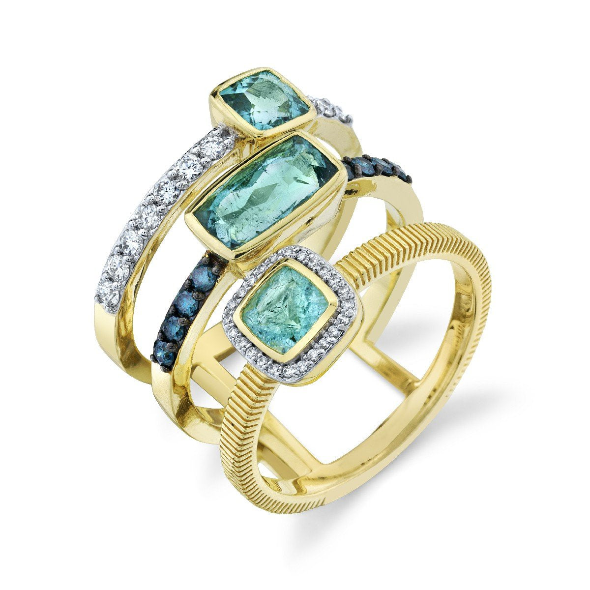 Triple Row Band With Diamonds, Paraiba And Blue Diamonds