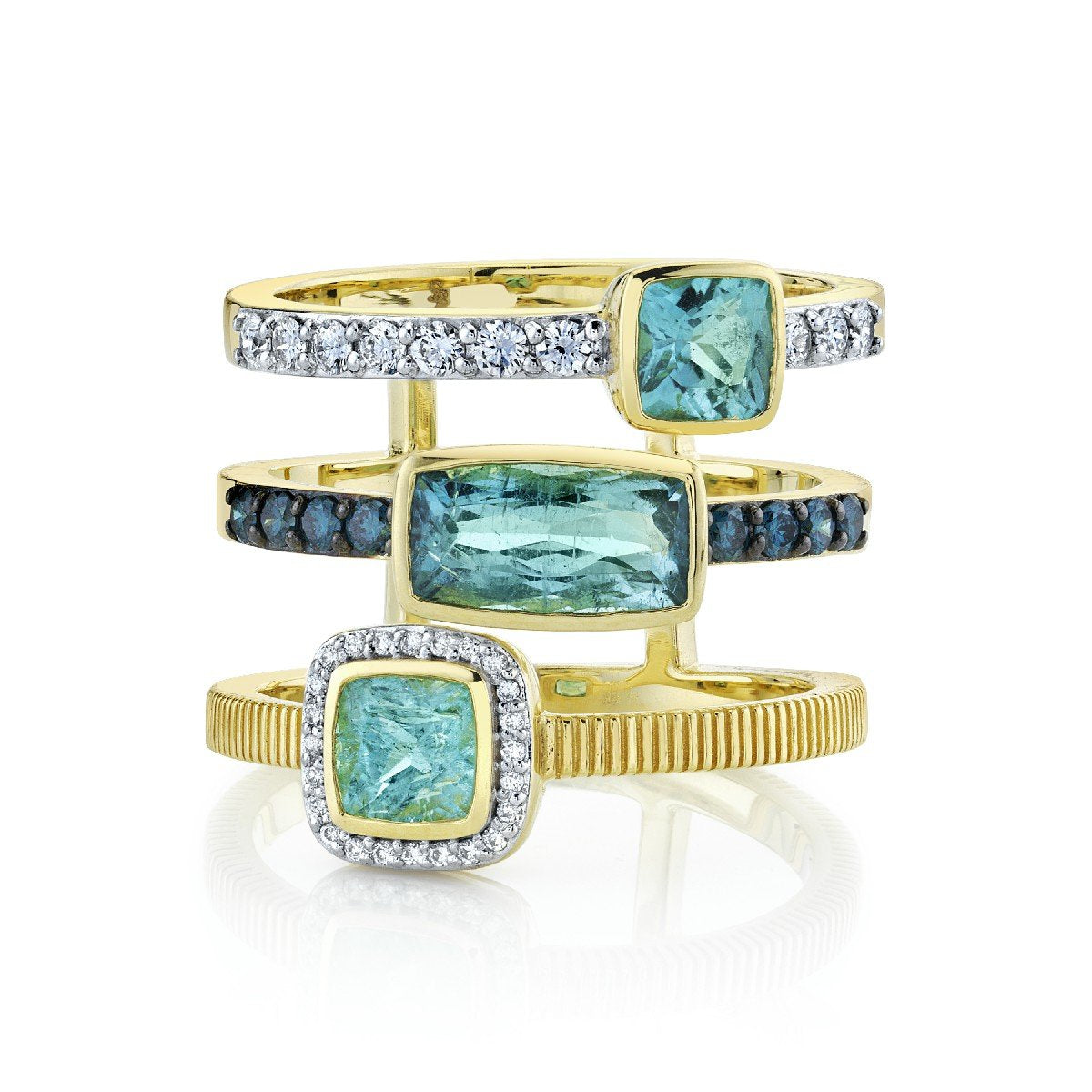 Triple Row Band With Diamonds, Paraiba And Blue Diamonds