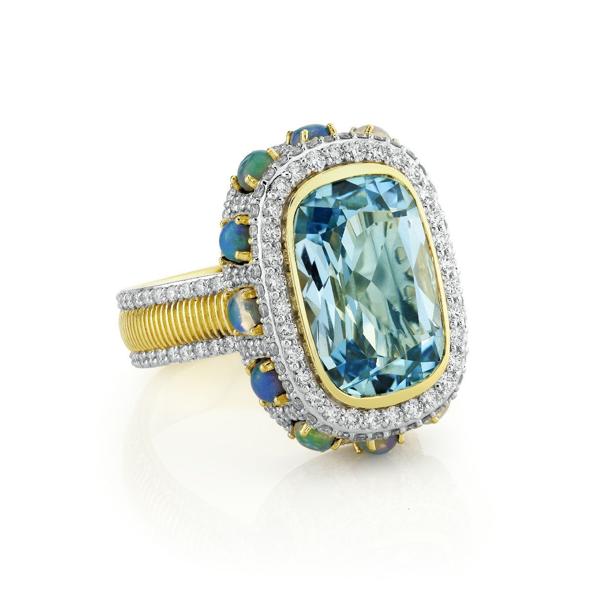 Sky Blue Topaz Ring Ring With Ethiopian Opal Edge & Pave Diamond Detail