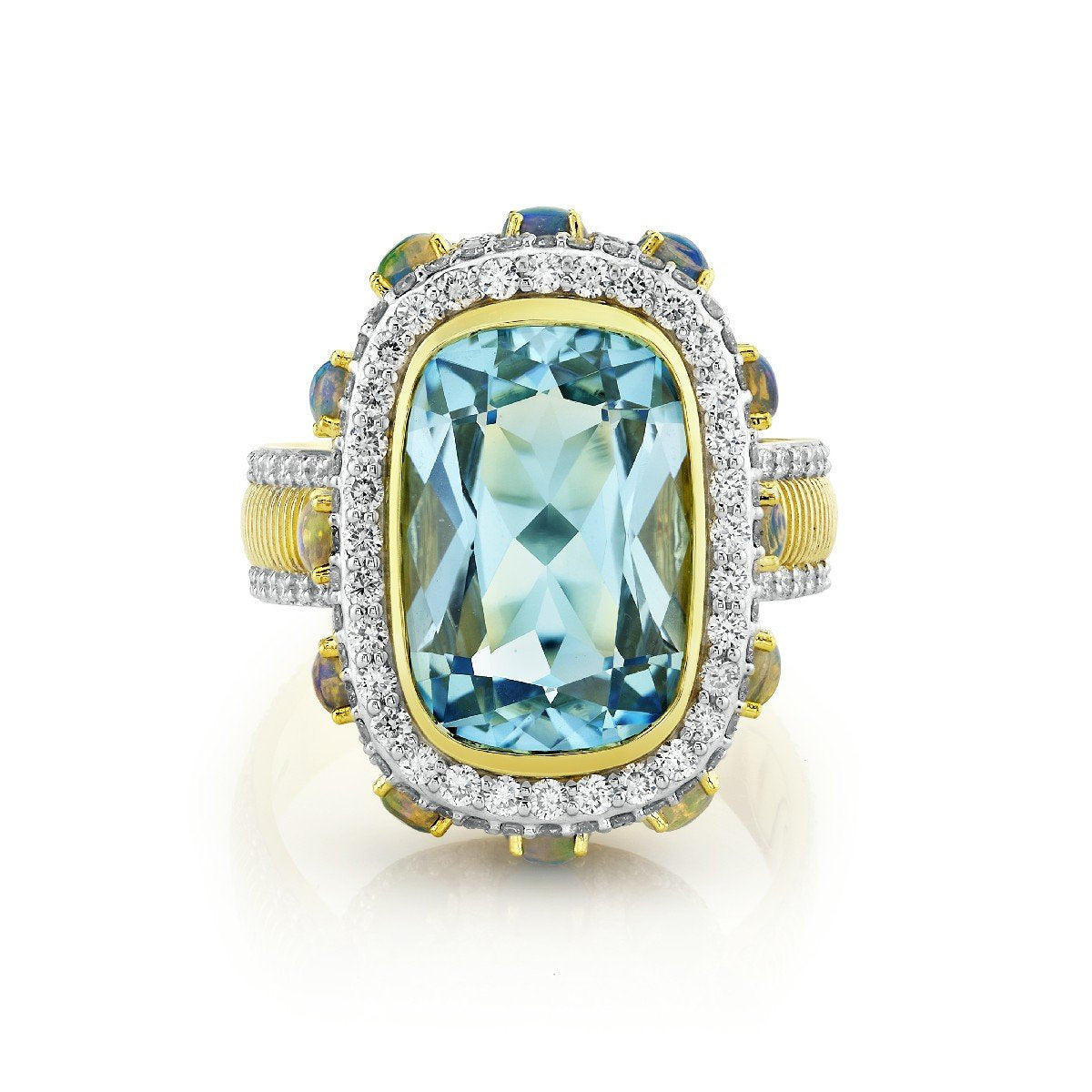 Sky Blue Topaz Ring Ring With Ethiopian Opal Edge & Pave Diamond Detail