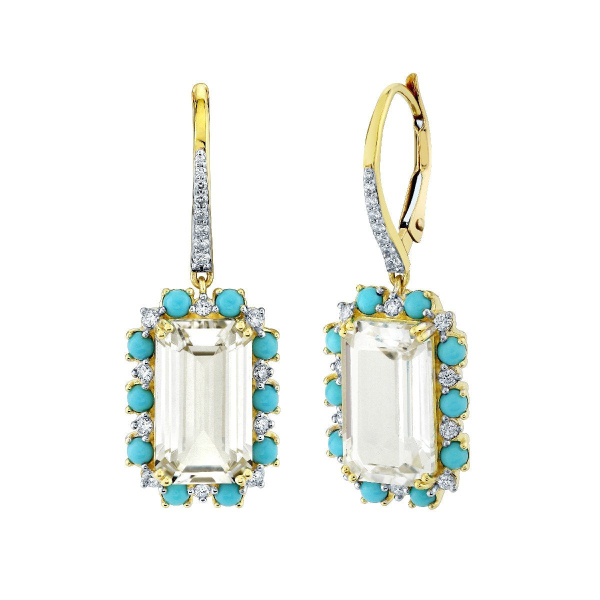 White Topaz Drop Earrings With Turquoise And Diamond Halo
