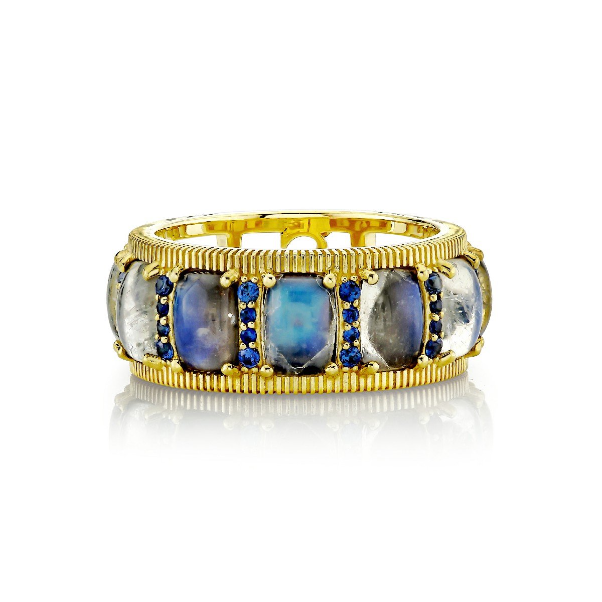 Moonstone Band With Blue Sapphires And Gold Strie Edges