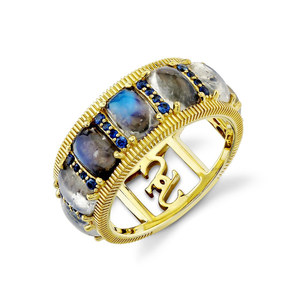 Moonstone Band With Blue Sapphires And Gold Strie Edges