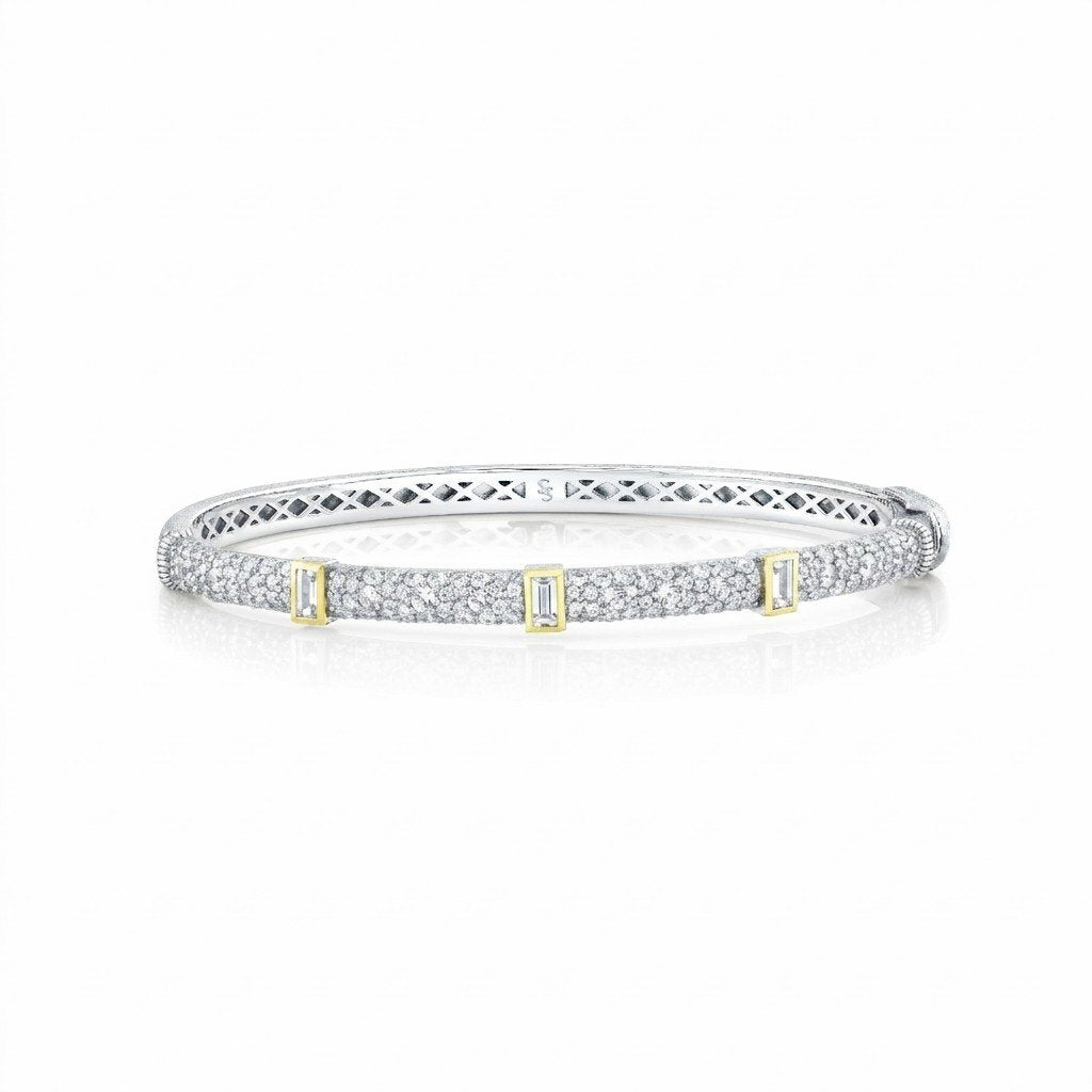 Mixed Metal Pave White Topaz Bangle With White Topaz Baguettes
