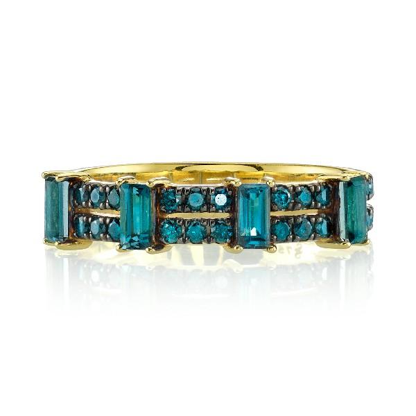 Blue Diamond Double Row Band With London Blue Topaz Baguettes