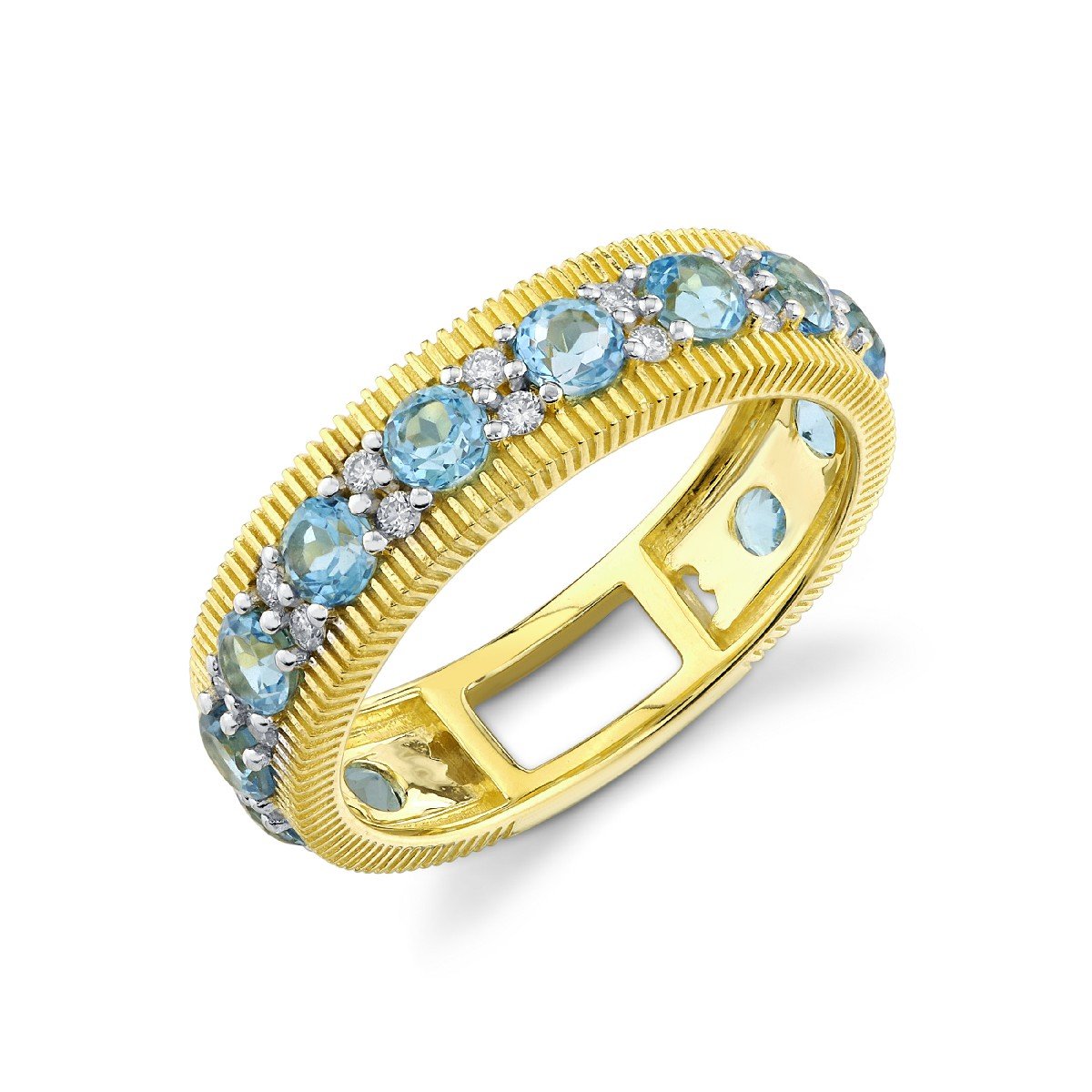 Swiss Blue Topaz And Diamond Band With Strie Edges