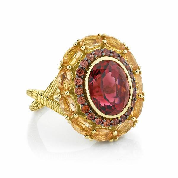 Pink Tourmaline Ring With Copper Sapphire And Imperial Topaz Halos