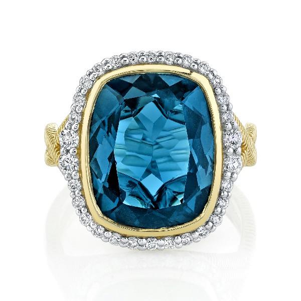 London Blue Topaz Ring With Diamond Halo and Criss-Cross Strie Shank