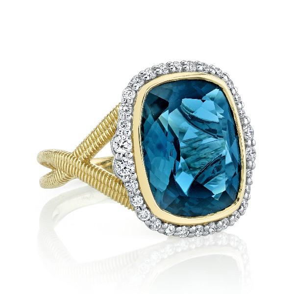 London Blue Topaz Ring With Diamond Halo and Criss-Cross Strie Shank