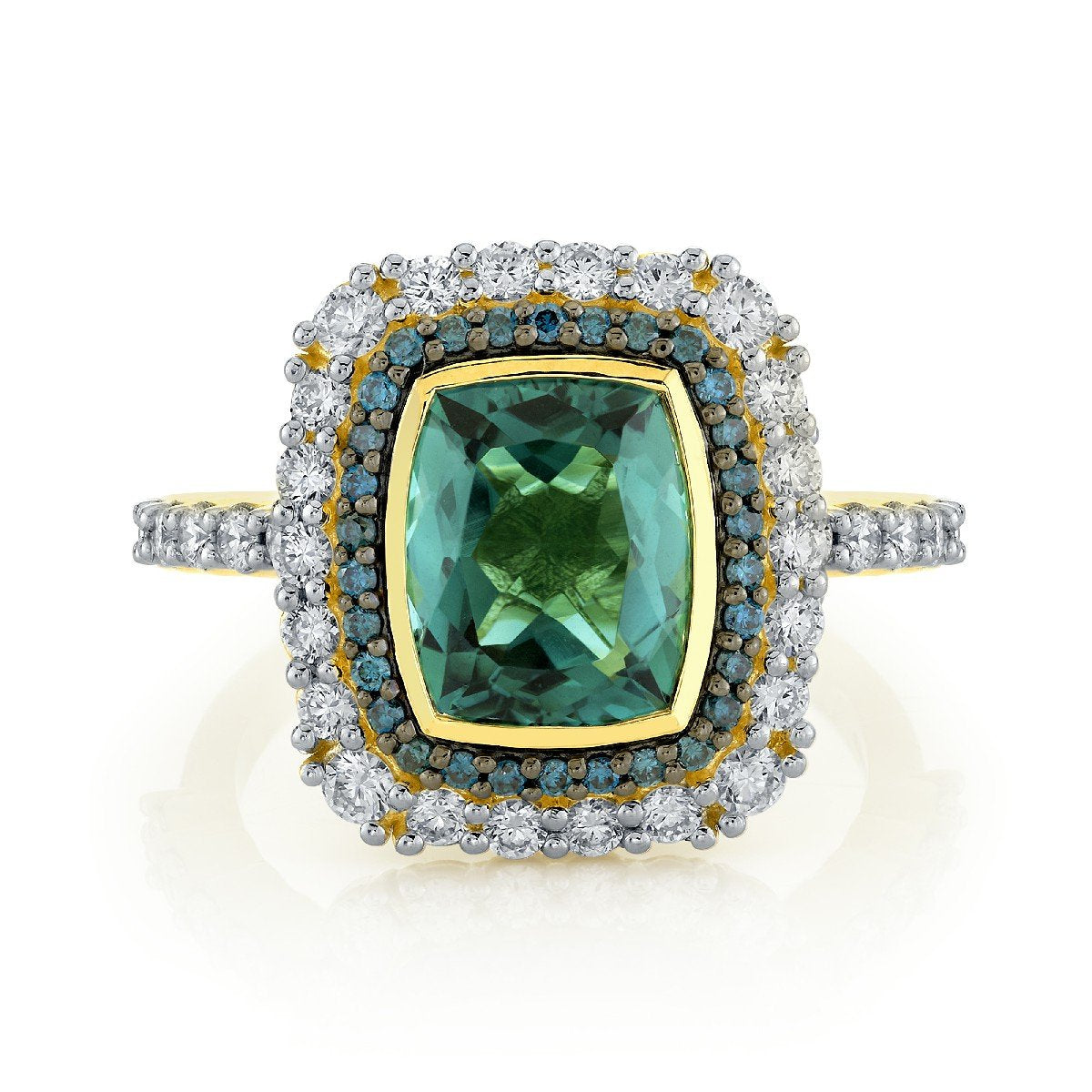 Blue Green Tourmaline Cushion Ring With Blue And White Diamonds