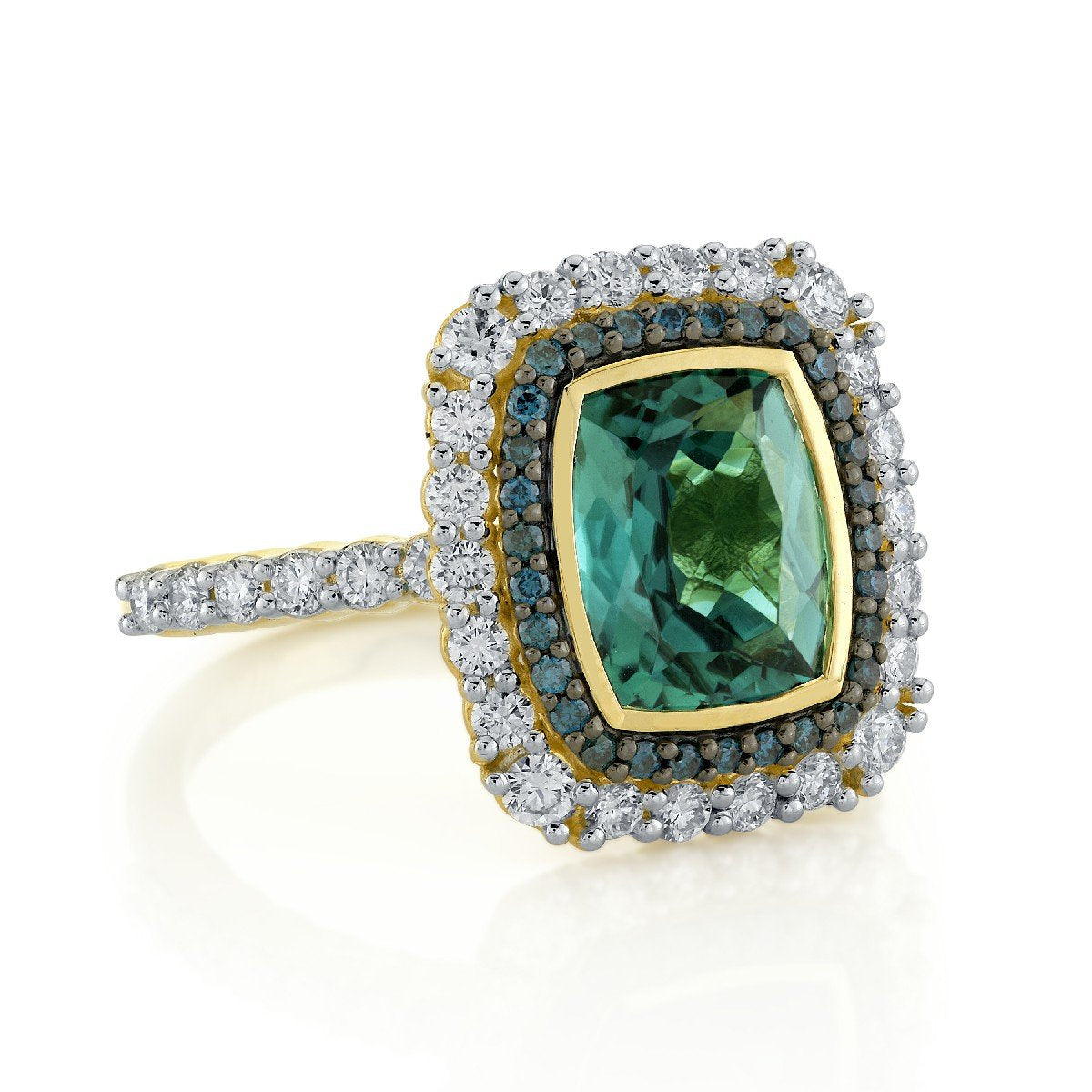 Blue Green Tourmaline Cushion Ring With Blue And White Diamonds