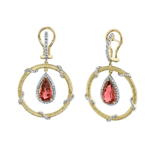 Diamond Wrapped Strie Gold Frame Earrings With Pink Tourmaline Drops