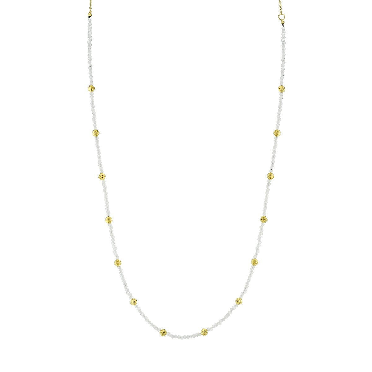 White Zircon Bead Necklace With Gold Strie Stations