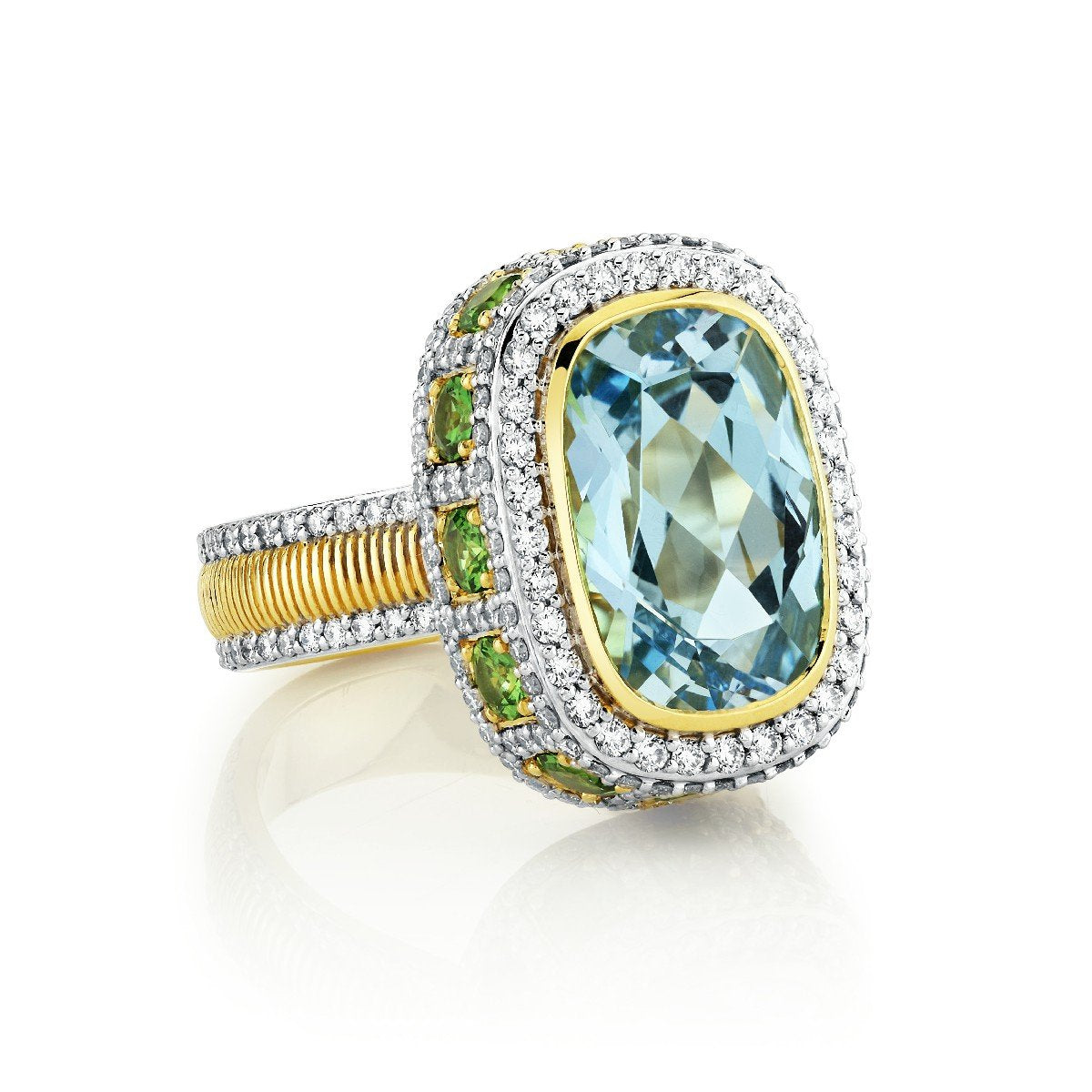 Sky Blue Topaz Ring Ring With Tsavorite Edge & Pave Diamond Detail