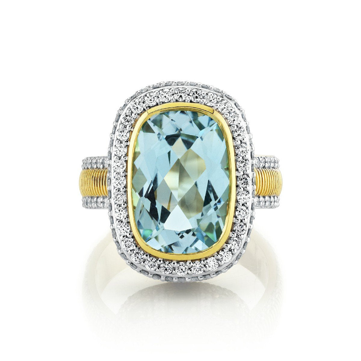 Sky Blue Topaz Ring Ring With Tsavorite Edge & Pave Diamond Detail