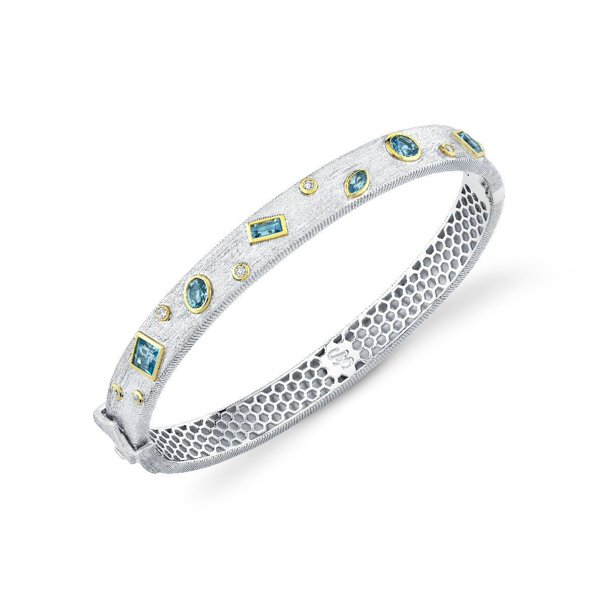 Mix Shape Swiss Blue Topaz & Diamond Sterling Silver Bracelet