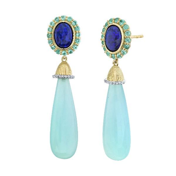 Blue Opal Briolette Drop Earrings With Black Opal And Paraiba Posts