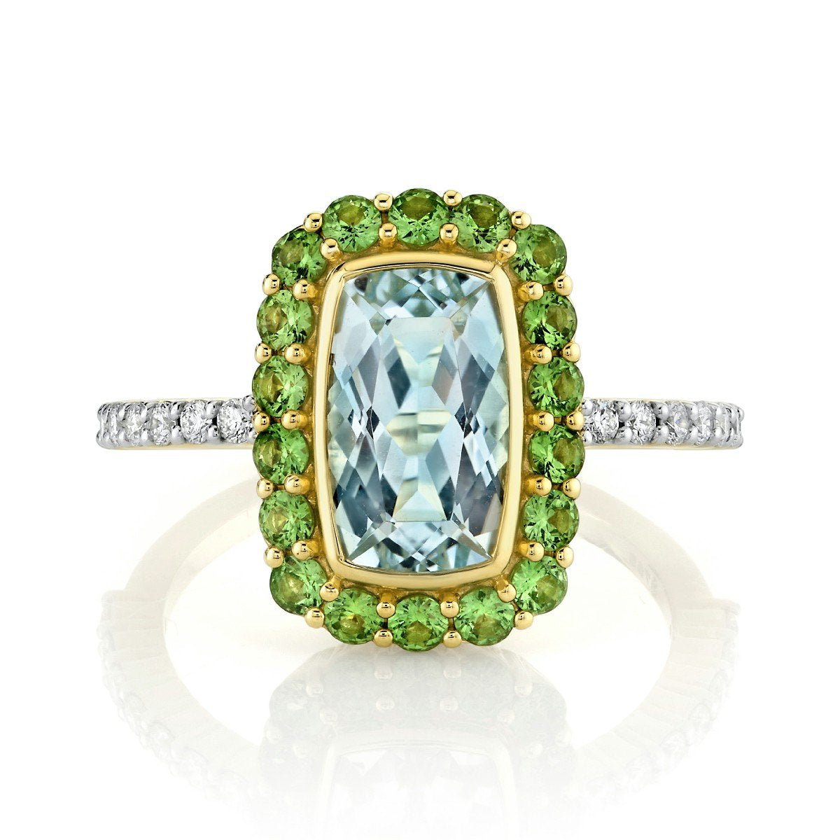 Sky Blue Topaz Ring With Tsavorite Halo And Diamond Shank