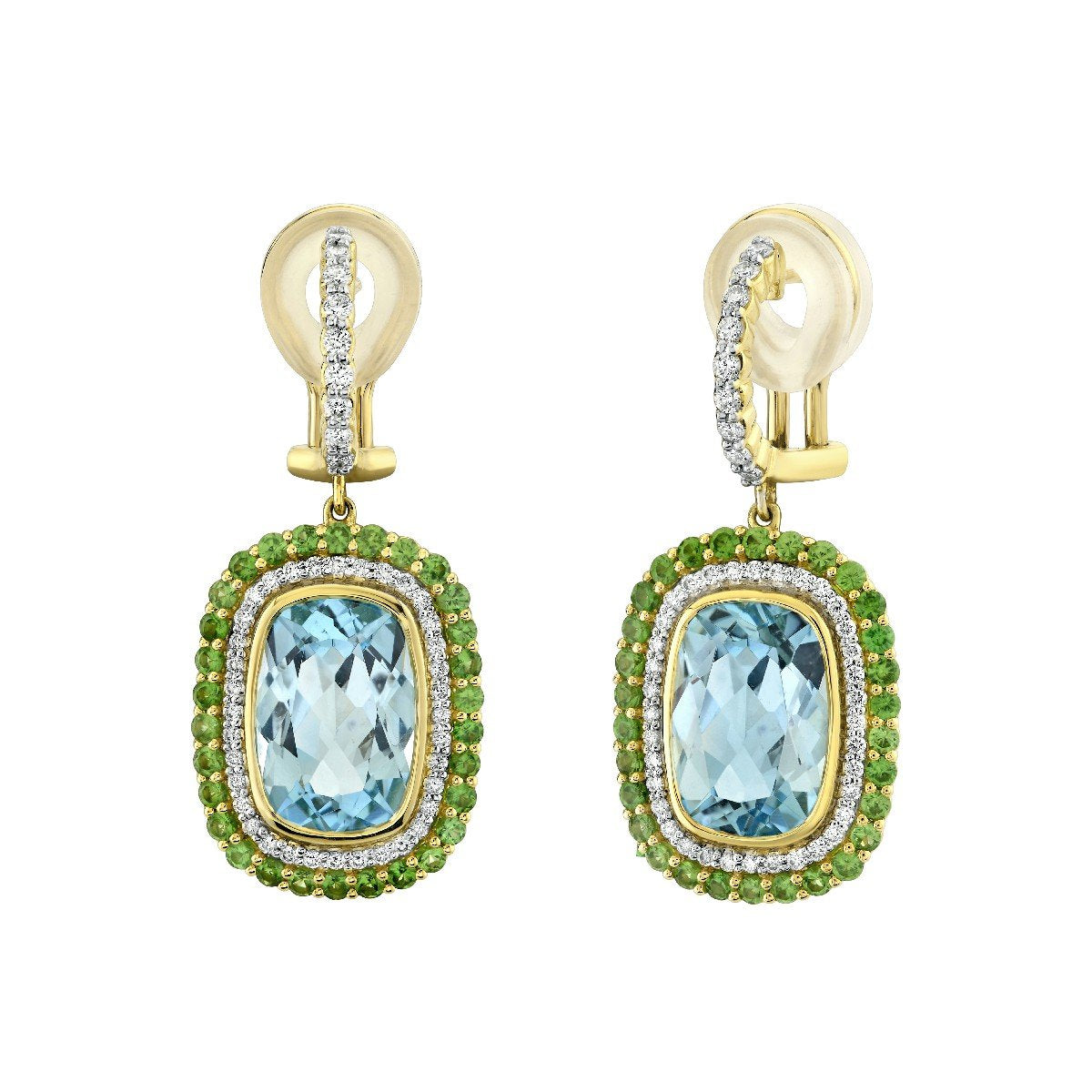 Sky Blue Topaz Earrings With Tsavorite And White Diamond Halos