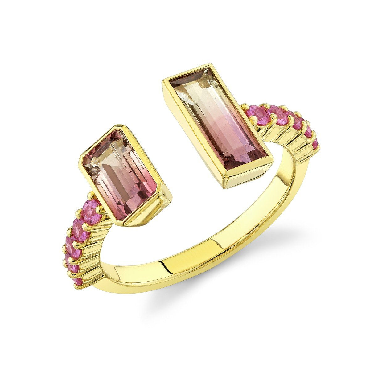 Watermelon Tourmaline Baguette Bypass Ring With Pink Sapphires