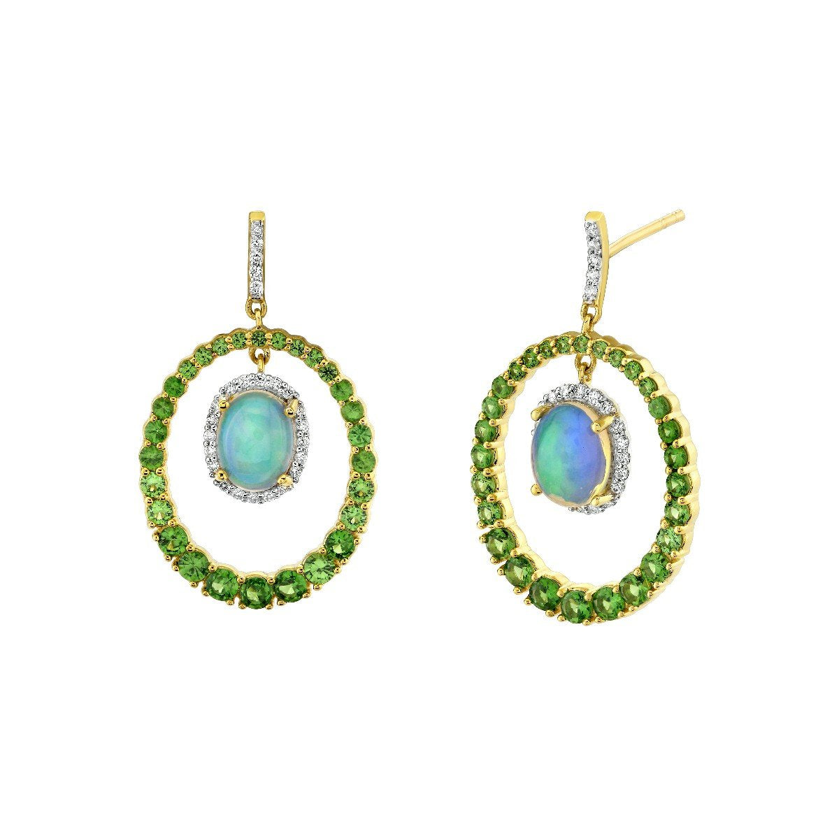 Opal Drop Earrings With Diamond Halo And Tsavorite Frame